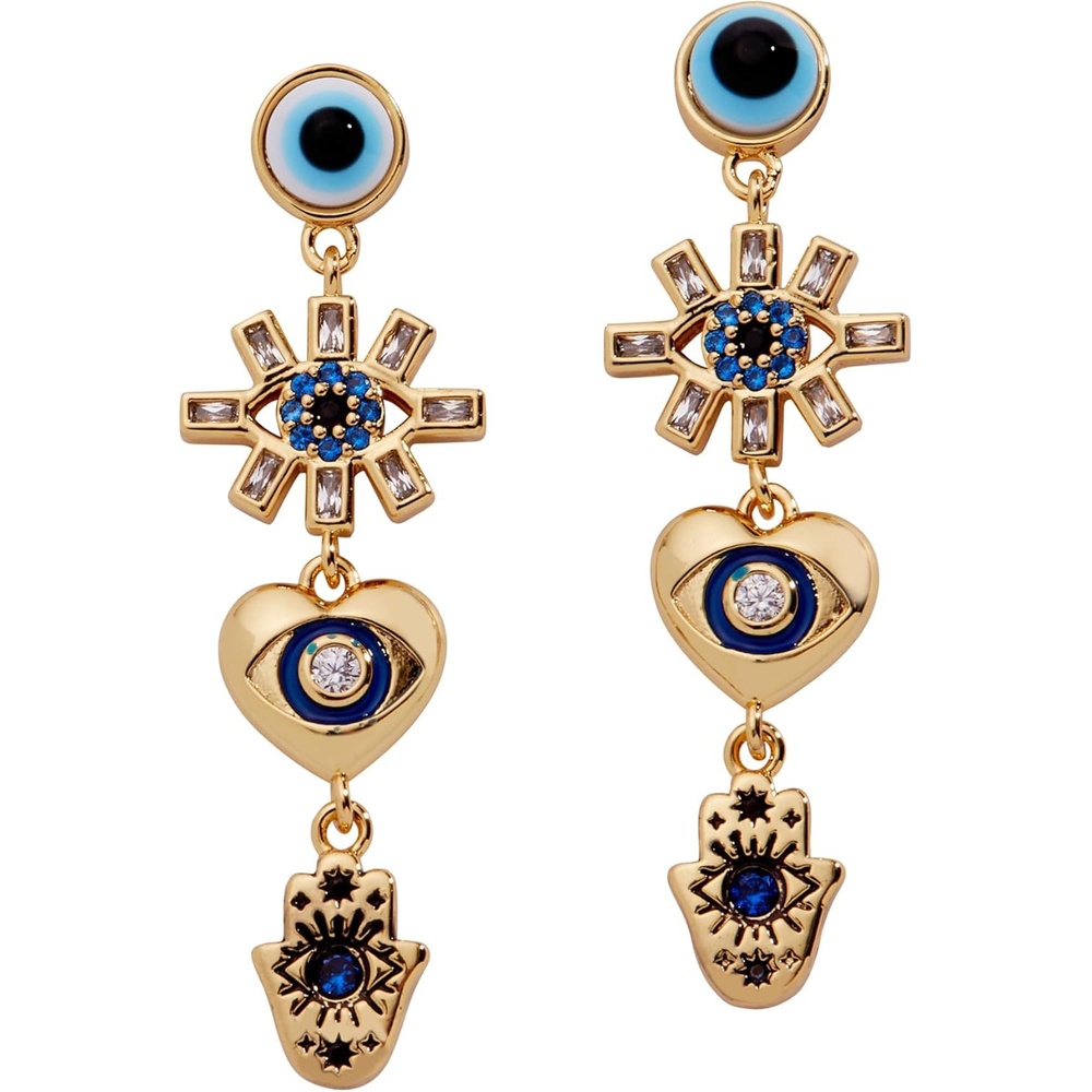 image:imageAlex and Ani GoldPlated Evil Eye Earring  Crystal Pav amp Baguette Stones Charm Hamsa amp Heart Symbolizes Protection amp Strength Ideal Evil Eye Jewelry for WomenLinear Earrings