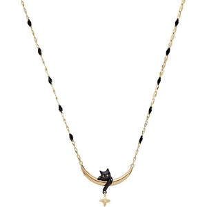 Alex and Ani Celestial Cat Inline Necklace – Celestial Jewelry with Black Cat on Golden Crescent, Two Tone, Nickel-Free, Stylish Star Moon Necklace for Women