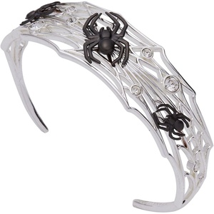 Alex and Ani Silver Cuff Bracelet – Spider Web Design with Black Spiders, Glows in the Dark, Crystal Accents, Spooky Halloween Jewelry, Nickel-Free